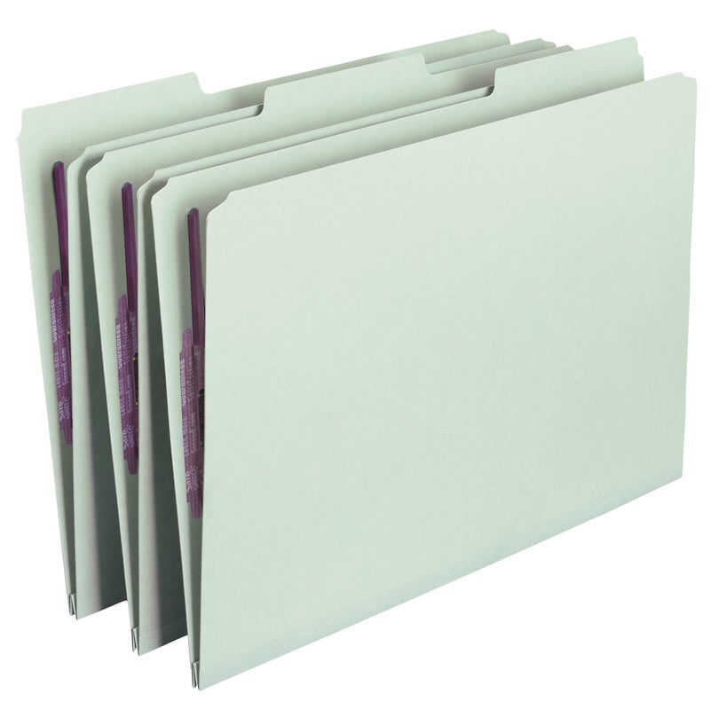 Smead Pressboard Fastener File Folder with SafeSHIELD Fasteners, 2 Fasteners, 1/3-Cut Tab, 1" Expansion, Legal Size, Gray/Green, 25 per Box (19931) - Image 1