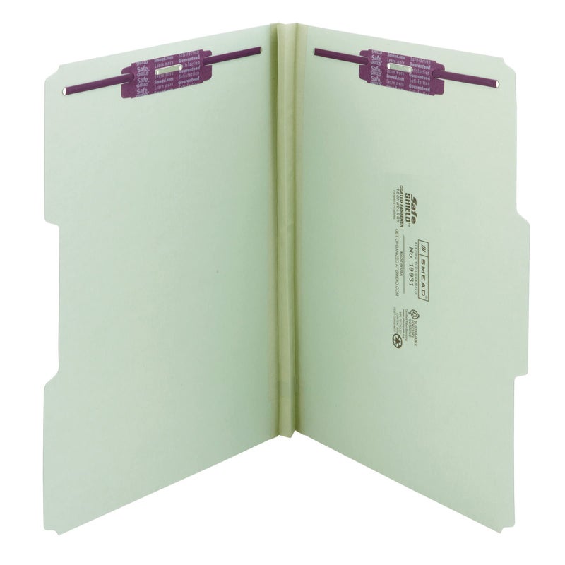 Smead Pressboard Fastener File Folder with SafeSHIELD Fasteners, 2 Fasteners, 1/3-Cut Tab, 1" Expansion, Legal Size, Gray/Green, 25 per Box (19931) - Image 5