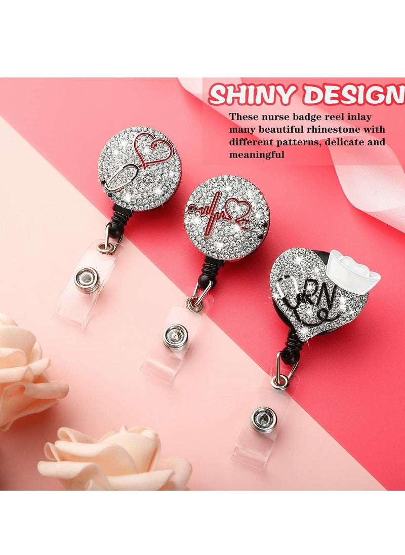 Excefore - Nurse Badge Reel, 3 Pieces Retractable Badge Holder with Swivel Alligator Clip Bling Rhinestone ID Badge Holder for Nurse Doctor Teachers Students Stethoscope (Silver) - Image 1