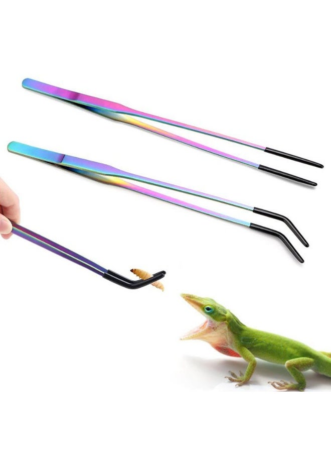 2PCS Stainless Steel Reptile Feeding Tongs, 27cm Straight & Curved, for Bearded Dragon, Snake Tanks, Aquariums & Crafts - Image 1