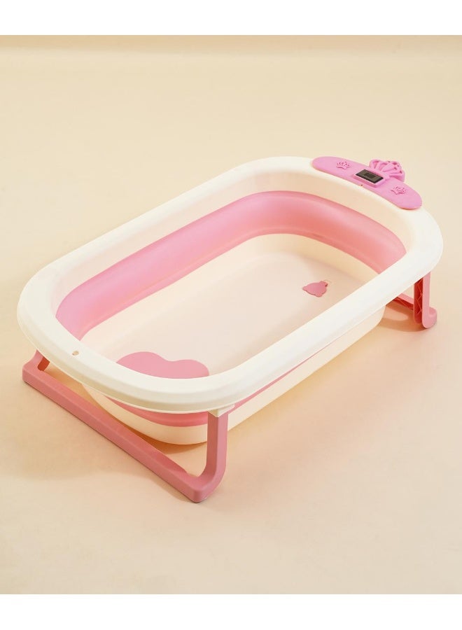 Fab N Funky Crown Designed Foldable Bath Tub with Drain Plug and Temperature Indicator, 0 Months+, 86 x 50 x 23cm (Unfolded) - Pink - Image 1