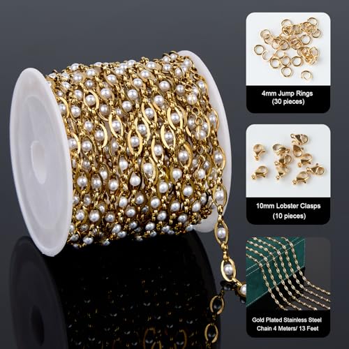 UMAOKANG 4 Meters Artificial Pearl Evil Eye Chain for Jewelry Making Gold Plated Stainless Steel Chains Bulk on Spool - Image 2