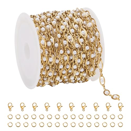 UMAOKANG 4 Meters Artificial Pearl Evil Eye Chain for Jewelry Making Gold Plated Stainless Steel Chains Bulk on Spool - Image 1