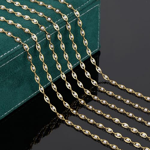 UMAOKANG 4 Meters Artificial Pearl Evil Eye Chain for Jewelry Making Gold Plated Stainless Steel Chains Bulk on Spool - Image 5