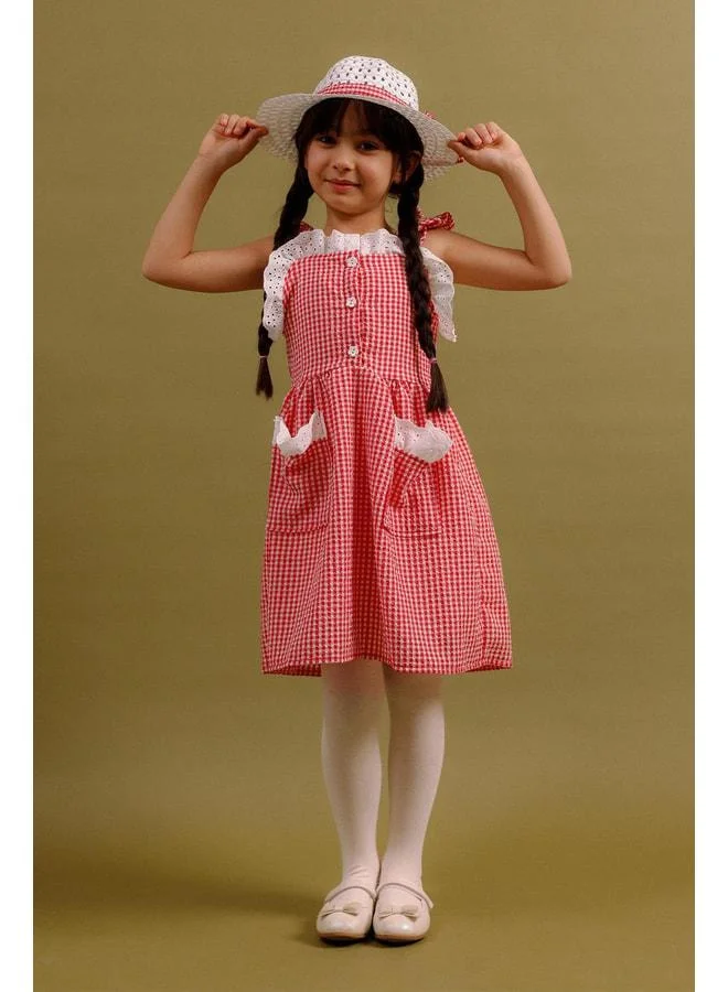 Perendi Girl's Polka Dot Dress with Hat, Cotton Jersey Lining.