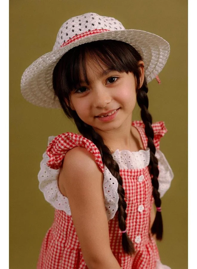 Perendi Girl's Polka Dot Dress with Hat, Cotton Jersey Lining.