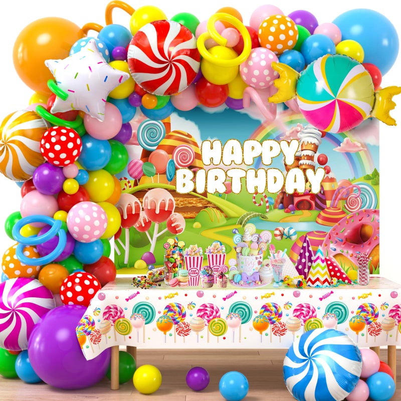 Winrayk 134Pcs Candyland Party Decorations Birthday Supplies Candyland Balloon Arch Backdrop Tablecloth Star Lollipop Foil Balloons Girl Boy Kid Christmas Sweet Candy Themed Birthday Party Decorations - Image 2