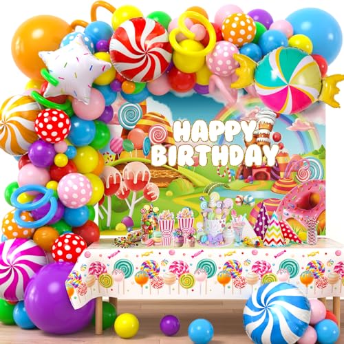 Winrayk 134Pcs Candyland Party Decorations Birthday Supplies Candyland Balloon Arch Backdrop Tablecloth Star Lollipop Foil Balloons Girl Boy Kid Christmas Sweet Candy Themed Birthday Party Decorations - Image 1