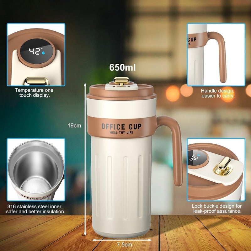 KPS Coffee Tumbler with Lid Handle Smart Touch Temperature Display Cup Double Wall Insulated Stainless Steel Mug Hot Cold Beverages for TravelOfficeHome Pack of 1Multicolor650ml - Image 3