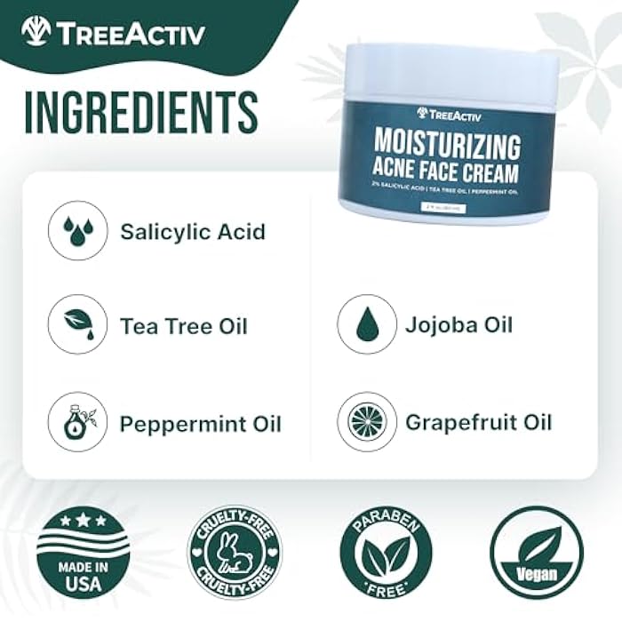 TreeActiv Acne Cream Original Formula, 2 fl oz, 2% Salicylic Acid Face Moisturizer for Oily & Acne-Prone Skin, Lightweight Hydrating Facial Cream - Image 5