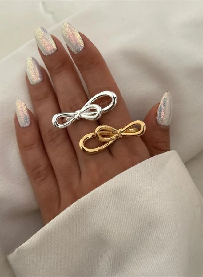 تايك تو خاتم فضي مفتوح بتفصيلة فيونكة