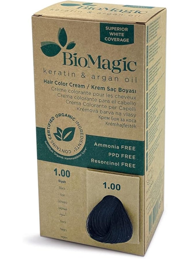 BIOMAGIC كريم صبغة الشعر بالكيراتين وزيت الأركان | درجة 1/00 أسود | يدوم طويلاً، تغطية للشيب مع زيوت مغذية (عبوة من 2) - Image 2