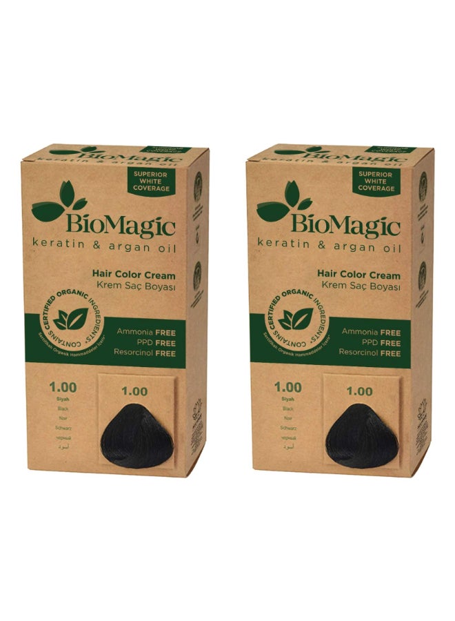BIOMAGIC كريم صبغة الشعر بالكيراتين وزيت الأركان | درجة 1/00 أسود | يدوم طويلاً، تغطية للشيب مع زيوت مغذية (عبوة من 2) - Image 1