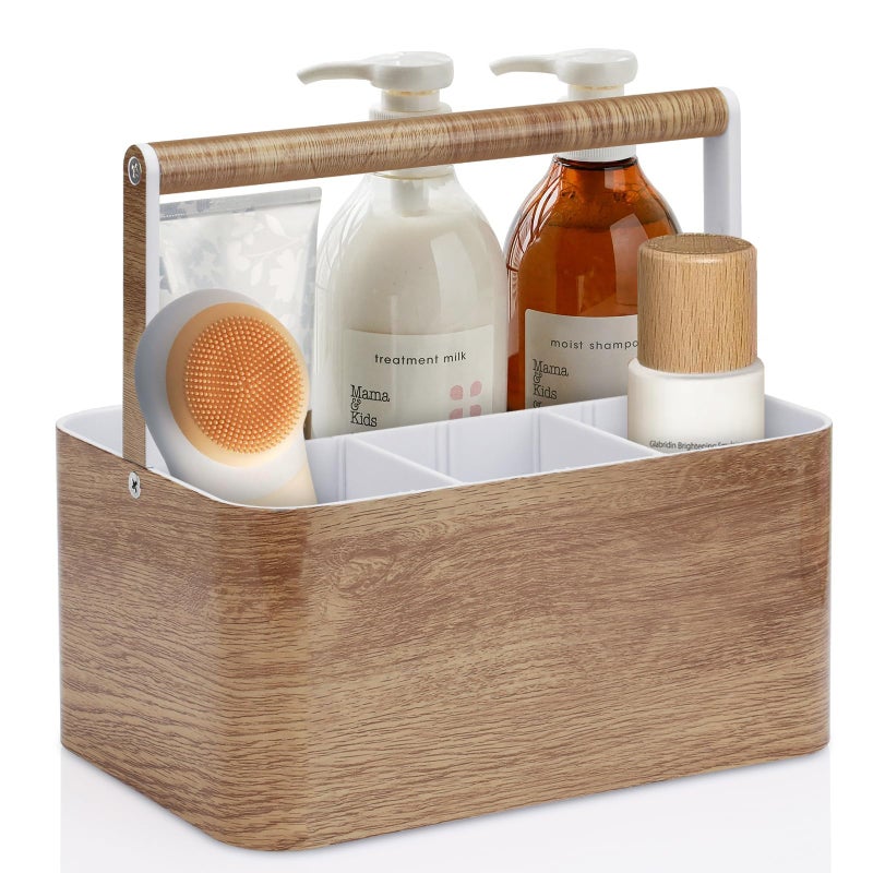 BYUNER Shower Caddy Portable for College Devided Bathroom Caddy Shower Basket for Dorm with Handle Plastic Bathroom Counter Organizer Storage Tote Bin for DormKitchenCabinet Wood Grain