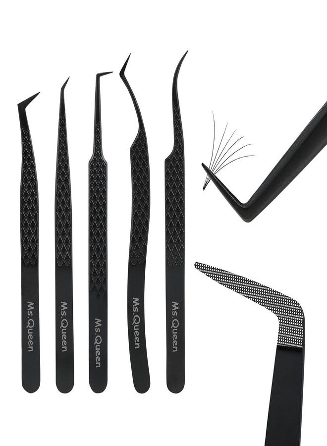Ms.Queen Lash Tweezers for Eyelash Extensions,Set of 5,Fiber Tip Curved 45 90 Degree and L-Shape Boot Lash Tweezers for Mega Volume & Classic Lashes,Black - Image 1