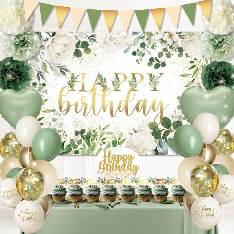 jenlion Happy Birthday Decorations For Women Men,Birthday Backdrop,Banner Balloons,Table Cloth,Paper pom poms Party Supplies for Girls Boys (Sage Green) - Image 1