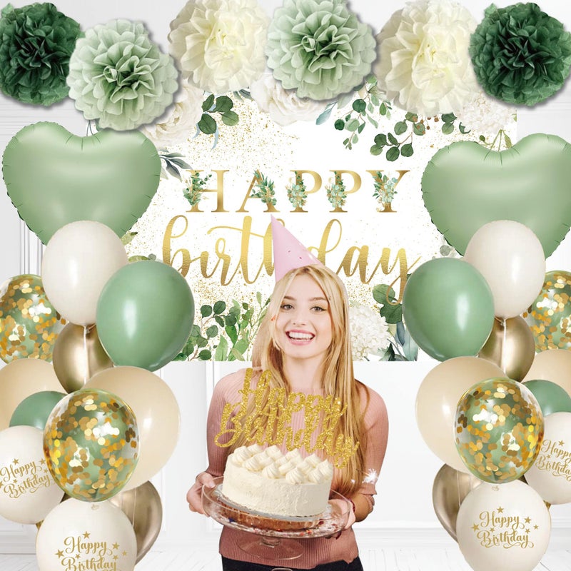 jenlion Happy Birthday Decorations For Women Men,Birthday Backdrop,Banner Balloons,Table Cloth,Paper pom poms Party Supplies for Girls Boys (Sage Green) - Image 4