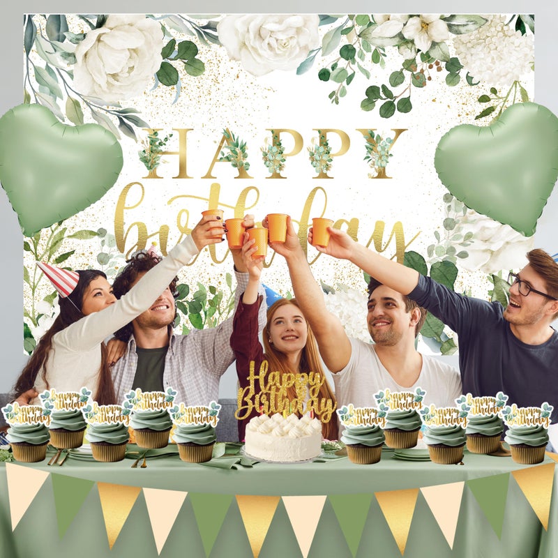 jenlion Happy Birthday Decorations For Women Men,Birthday Backdrop,Banner Balloons,Table Cloth,Paper pom poms Party Supplies for Girls Boys (Sage Green) - Image 3