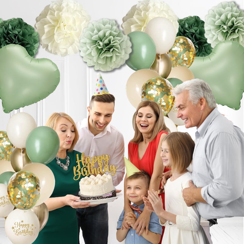 jenlion Happy Birthday Decorations For Women Men,Birthday Backdrop,Banner Balloons,Table Cloth,Paper pom poms Party Supplies for Girls Boys (Sage Green) - Image 5