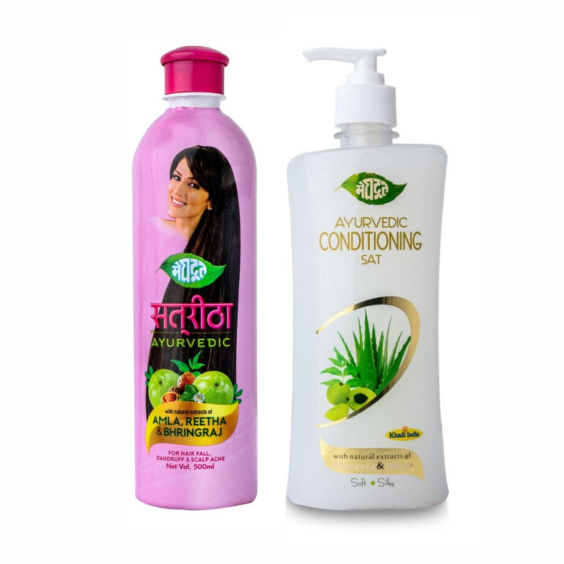 Meghdoot Khadi Meghdoot Combo Pack of Satreetha Shampoo 400ml with Amla Reetha  Bhringraj  Hair Conditioner 500ml with Tulsi  Neem for Hair Fall Control - Image 1