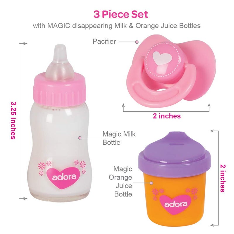 Adora Baby Doll Accessories Magic Sippy Set 3-Piece Set Comes with a Pacifier and Magic Baby Doll Bottles with Disappearing Milk and Orange Juice, Birthday Gift For Ages 2 and Up - Image 4