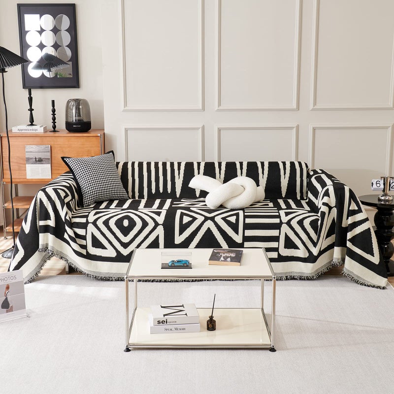 VClife Boho Couch Cover Tribal Black and White Geometric Jacquard Couch Cover for 2 Cushion Couch Soft Washable Chenille Loveseat Cover Sofa Cover Protector for Sectional Sofa 71x118