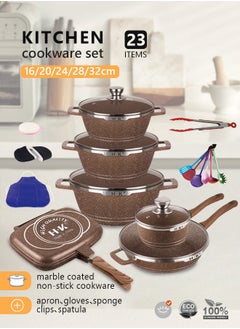 HK 23-piece Kitchen Cookware Set, Casserole Set And Frying Pan, With Non-stick Cookware Set, Glass Lid, Pfoa-free 16cm Mmilk Pan + 20-24-28cm Casserole + 28cm Wok + 32cm Double-sided Frying Pan + 10 Kichen Item(Brown）  - Image 1