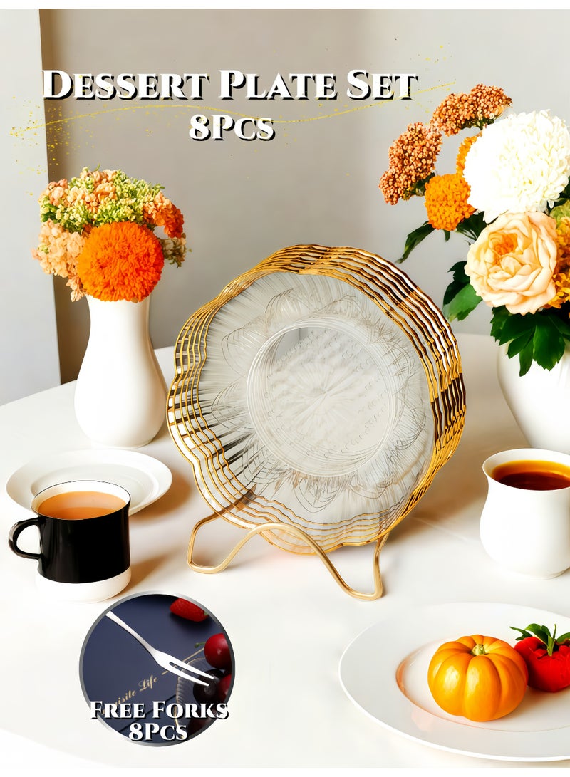 8Pcs Gold-Rimmed Clear Dessert Plate Free Forks Stainless Steel Rack Set,Elegant Snack Serving Tray Set for Fruit, Sweets & Ramadan,Bone Dishes,Thick, Dishwasher Safe for Home & Party Decor - Image 1