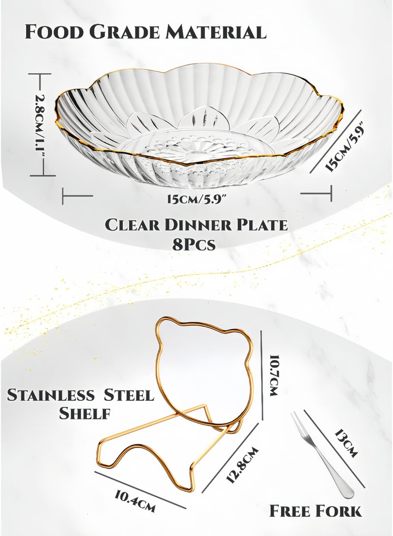 8Pcs Gold-Rimmed Clear Dessert Plate Free Forks Stainless Steel Rack Set,Elegant Snack Serving Tray Set for Fruit, Sweets & Ramadan,Bone Dishes,Thick, Dishwasher Safe for Home & Party Decor - Image 3