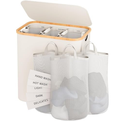 Bathola سلة غسيل مع غطاء سعة 160 لتر سلة ملابس متسخة لسلة الغسيل 3 أقسام سلة غسيل كبيرة جداً 3 حجرات مع أكياس داخلية قابلة للإزالة ملصقات بيج