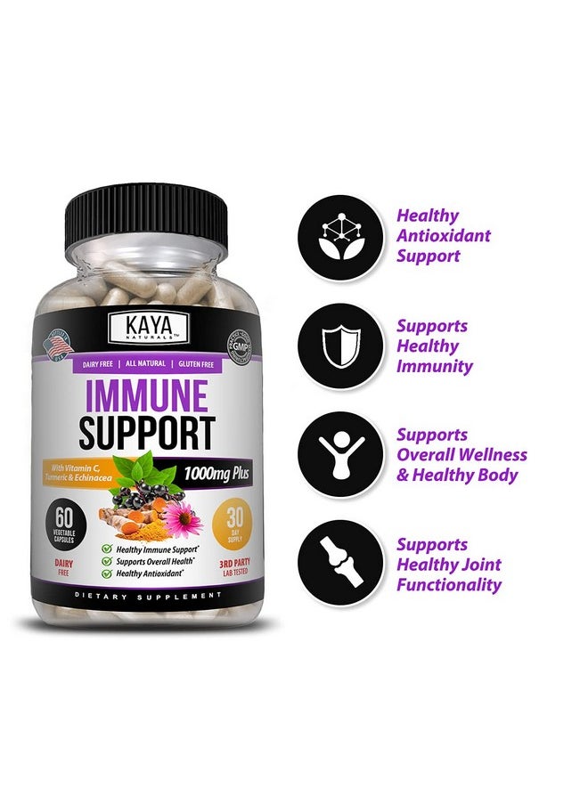 Kaya Naturals - Elderberry Immune Support ; Elderberry With Zinc And Vitamin C For Adults Elderberry Vitamins Probiotics & Turmeric 1000Mg Immune System Booster Sambucus Elderberry Capsules 60 Count - Image 1
