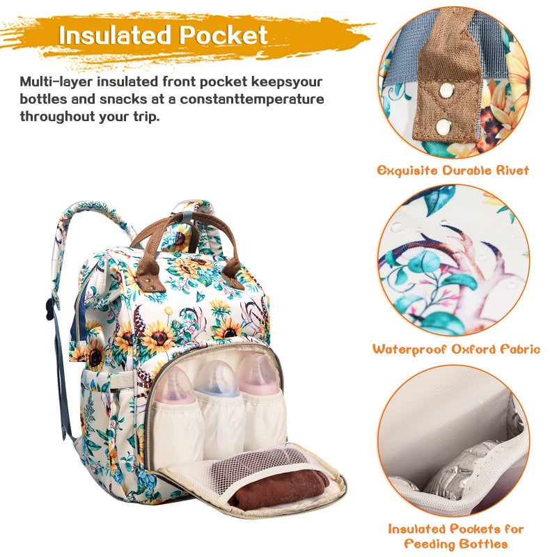 LIMHOO Floral Diaper Bag Backpack, Waterproof Baby Care Bag, Women Travel Baby Nappy Changing Bag (White) - Image 3