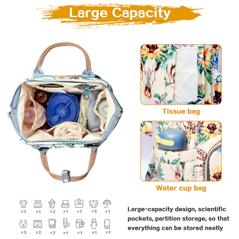 LIMHOO Floral Diaper Bag Backpack, Waterproof Baby Care Bag, Women Travel Baby Nappy Changing Bag (White) - Image 5