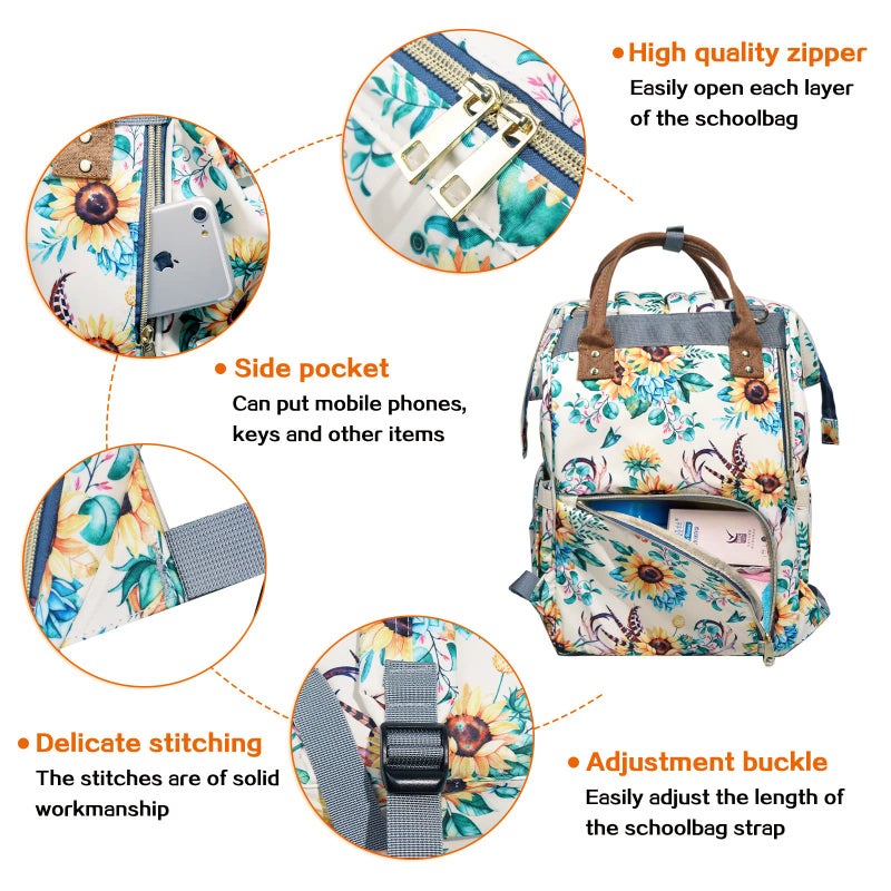 LIMHOO Floral Diaper Bag Backpack, Waterproof Baby Care Bag, Women Travel Baby Nappy Changing Bag (White) - Image 4