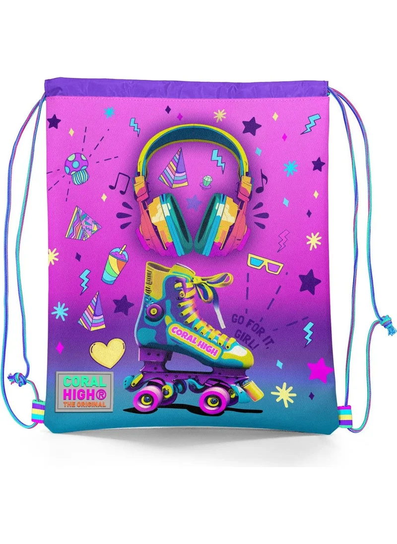 CORAL HIGH Kids Pink Turquoise Headphones Skate Patterned Drawstring Backpack 12647