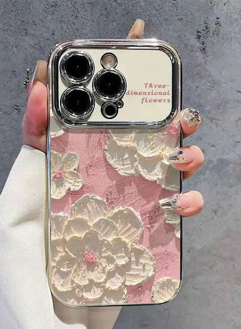 شي إن قطعة واحدة غطاء  ذو نافذة كبيرة باللون الفضي مع قاعدة وردية ذات تصميم أزهار مرسومة بالطباشير متوافقة مع هاتف ايفون ١٥ بروماكس