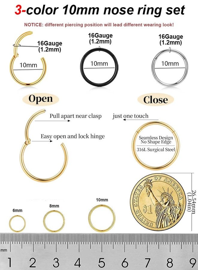 AMASIS 2Pcs 20Gauge Gold Silver Nose Rings Hoops - Men Women 316L Surgical Steel Hinged Nose Ring Hoop for Nostril Septum Cartilage Helix Daith Tragus Rook Conch Lip Ear Lobe Piercings - Image 2