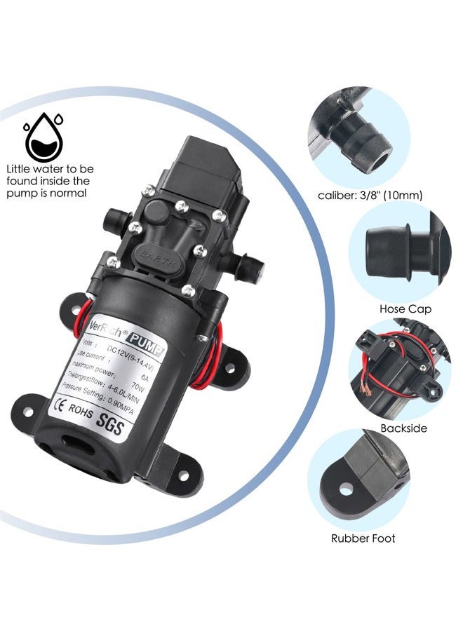 VerRich Diaphragm Pump, 12V Water Pump 70W 6A Intelligent Self Priming Sprayer Pump 6 L/Min 0.9MPA 131 PSI for RV Camper Marine Boat Garden - Image 3