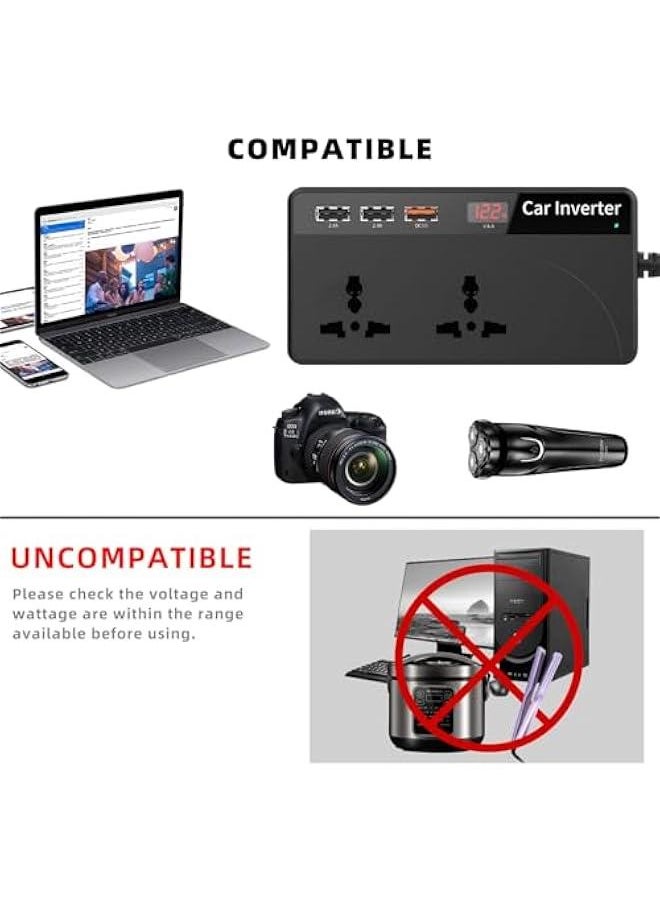 MIXDE 150W Power Inverter, DC 12/24V to 220V AC Car Converter with 3 USB and QC3.0 Fast Charger Ports Adapter, Car Plug Converter with Switch Current LED Screen for Car, Vehicles, Laptop  - Image 3