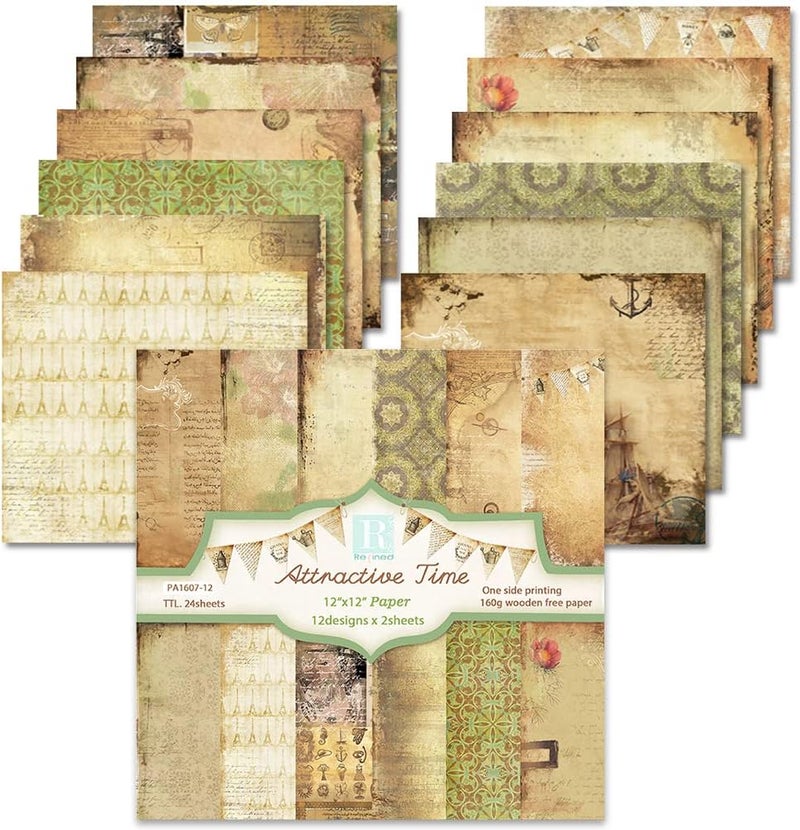 GOMTYEA Vintage Scrapbook Paper 12x12 - Double Sided Pattern Printed Scrapbooking Paper,Attractive Time Classic Antique Old Looking Craft Paper for DIY Card Making,12 Designs 24 Sheets - Image 1