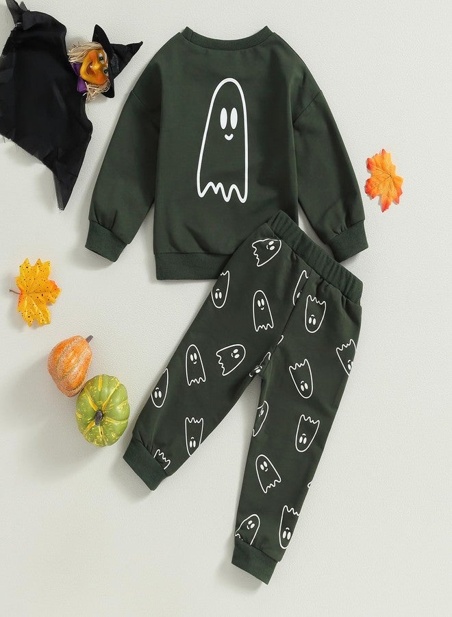 YINGISFITM Toddler Baby Girl Boy Halloween Clothes Pumpkin Shirt Ghost Sweatshirt Pants Fall Outfit Baby Halloween Costumes (Dark Green Ghost, 2-3 Years) - Image 5