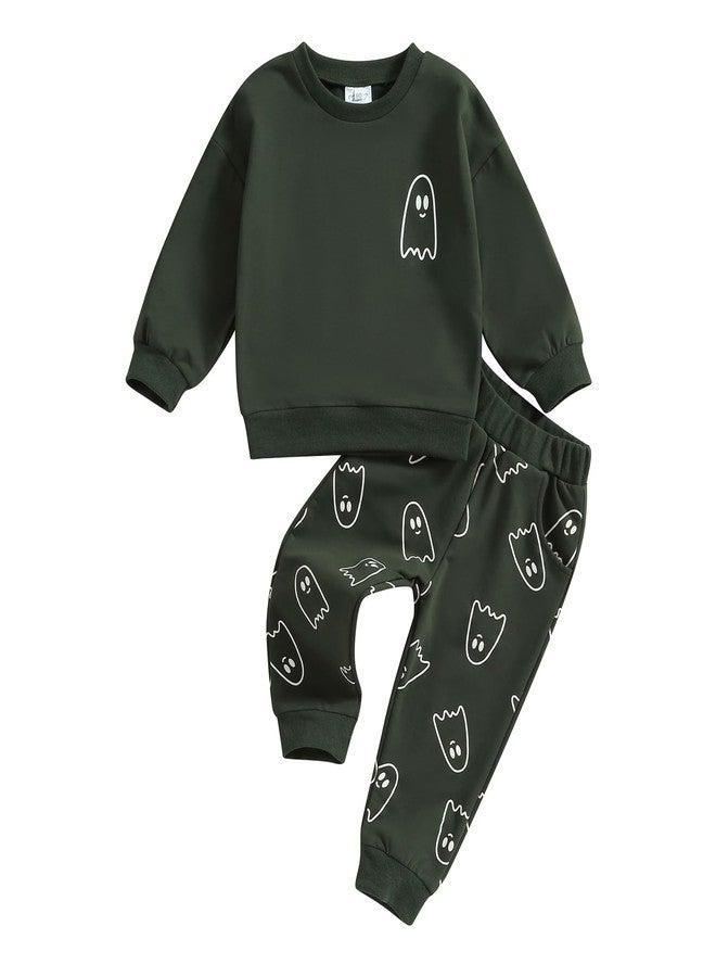 YINGISFITM Toddler Baby Girl Boy Halloween Clothes Pumpkin Shirt Ghost Sweatshirt Pants Fall Outfit Baby Halloween Costumes (Dark Green Ghost, 2-3 Years) - Image 2