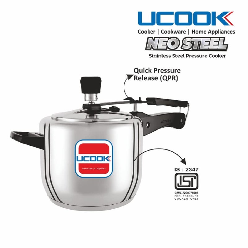 UCOOK Neo Stainless Steel Sandwich Bottom Inner Lid Induction Pressure Cooker, 5 Litre, Silver - Image 3