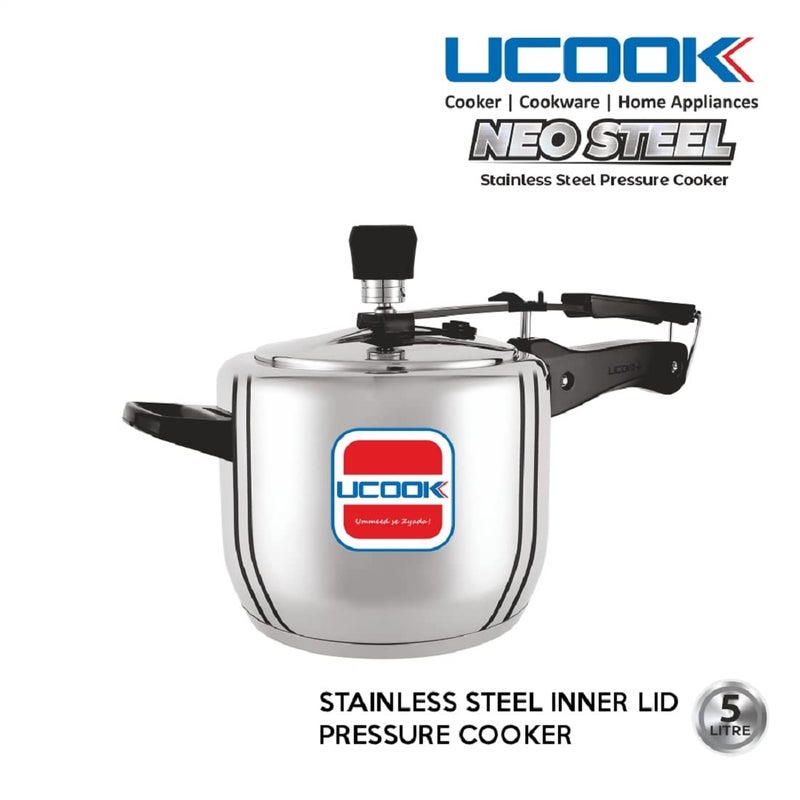 UCOOK Neo Stainless Steel Sandwich Bottom Inner Lid Induction Pressure Cooker, 5 Litre, Silver - Image 2