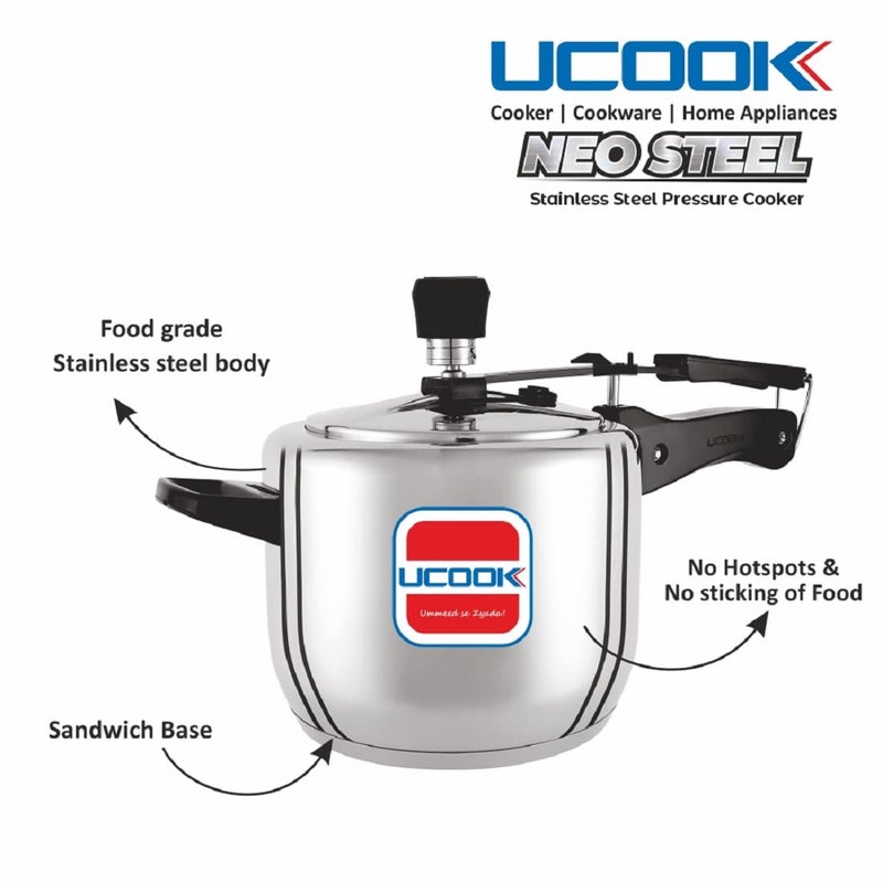 UCOOK Neo Stainless Steel Sandwich Bottom Inner Lid Induction Pressure Cooker, 5 Litre, Silver - Image 4