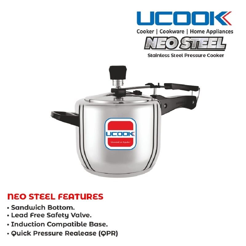 UCOOK Neo Stainless Steel Sandwich Bottom Inner Lid Induction Pressure Cooker, 5 Litre, Silver - Image 5