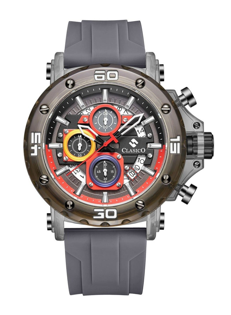 Clasico Obsidian Drive Men’s Luxury Chronograph Watch | 45mm Grey Dial | Elite PE903 Movement | Grey Silicone Strap | 3ATM Water Resistant Luxury Watch - Image 1