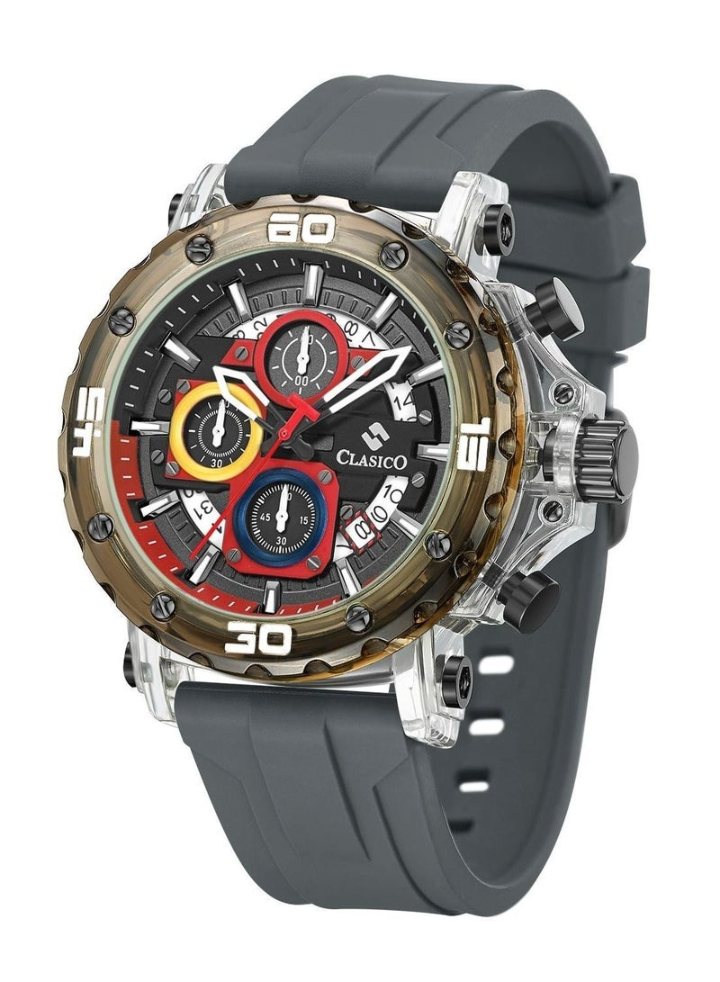 Clasico Obsidian Drive Men’s Luxury Chronograph Watch | 45mm Grey Dial | Elite PE903 Movement | Grey Silicone Strap | 3ATM Water Resistant Luxury Watch - Image 3