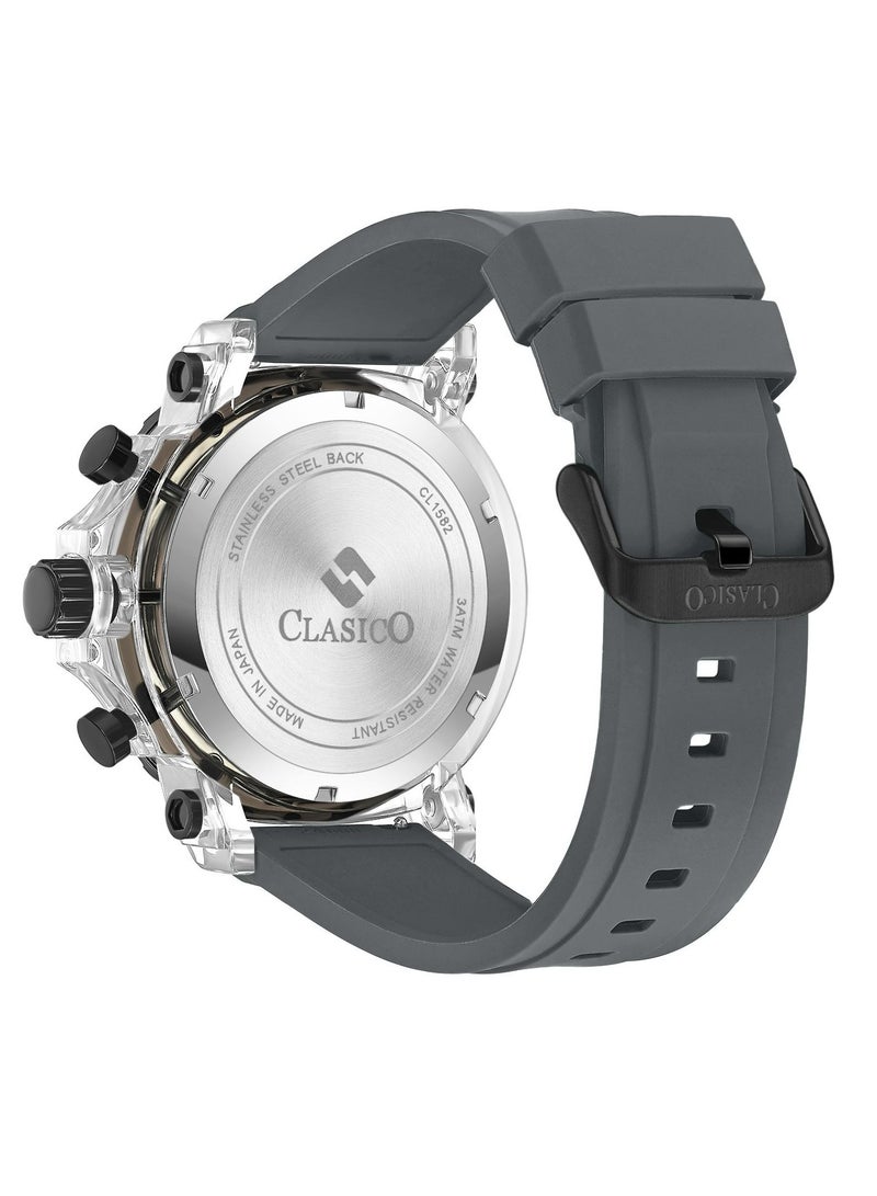 Clasico Obsidian Drive Men’s Luxury Chronograph Watch | 45mm Grey Dial | Elite PE903 Movement | Grey Silicone Strap | 3ATM Water Resistant Luxury Watch - Image 5