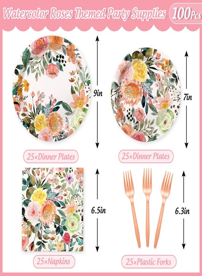 JarThenaAMCS 100Pcs Floral Party Supplies Kit Serves 25 Watercolor Flower 9 & 7 Inch Paper Plates Napkins Pink Forks for Wedding Bridal Shower Birthday - Image 2
